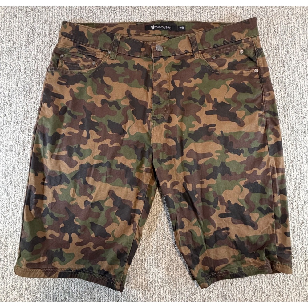Rocawear Shorts Mens 38 Green Camo Woodland Print Streetwear 5-Pocket Y2K